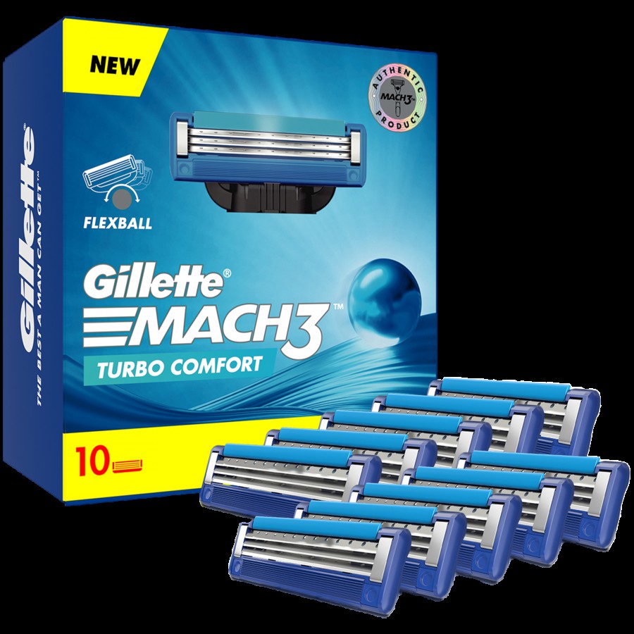 Gillette Mach 3 Turbo Razor Blades for Men - Pack of 10 Cartridges