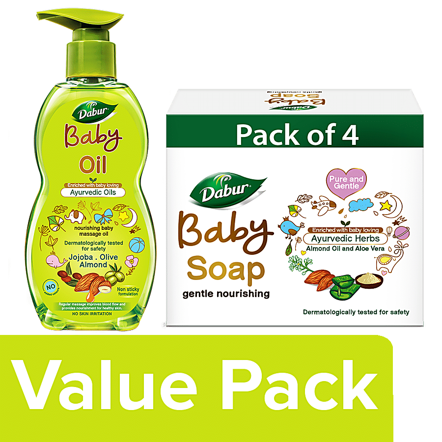 Dabur Baby Soap 300g (Pack of 4) + Baby Massage Oil 500 ml(With No Harmful Chemicals)