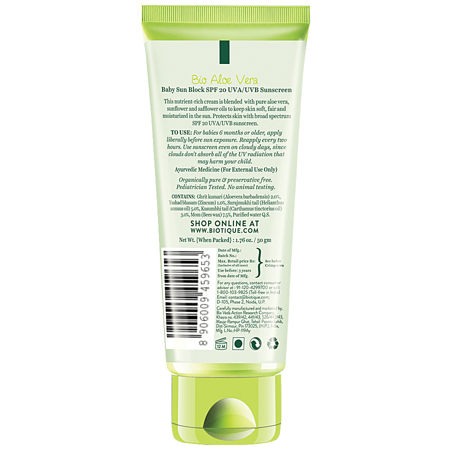 BIOTIQUE Bio Aloe Vera Baby Sun Block SPF 20 UVA/UVB Sunscreen - 6 Months Or Older