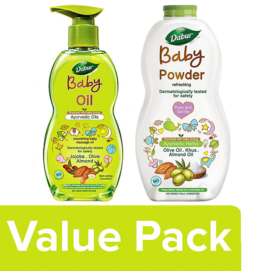 Dabur Baby Massage Oil- Non-Sticky 500ml + Baby Powder- No added Talc & Asbestos 300g