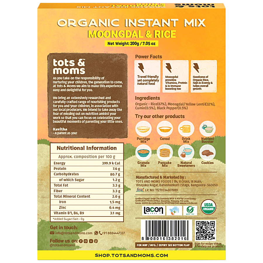 TOTS AND MOMS FOODS Organic Instant Mix - Moongdal & Rice