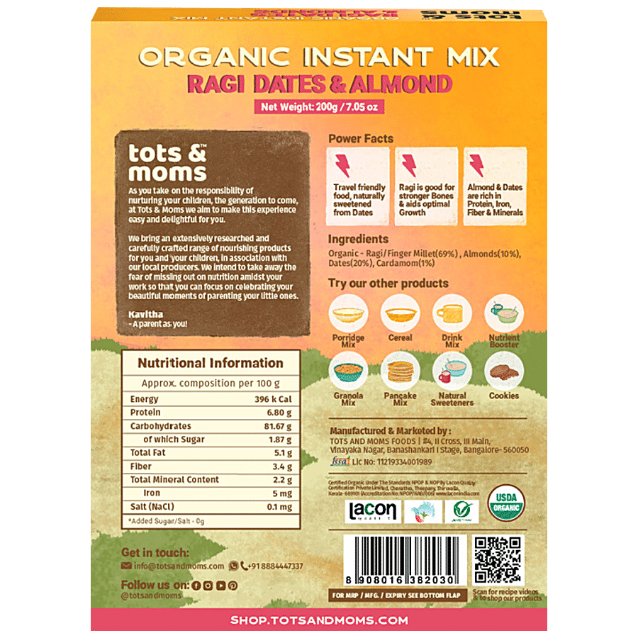 TOTS AND MOMS FOODS Organic Instant Mix - Ragi Dates & Almonds