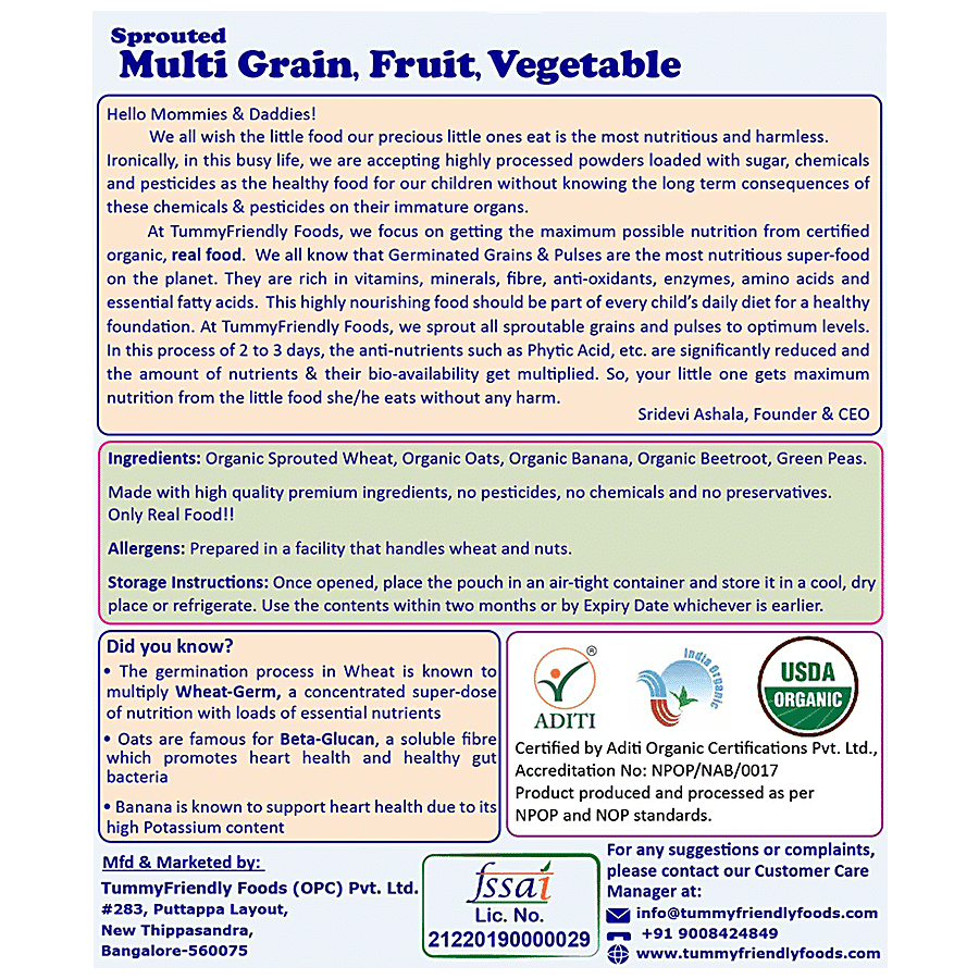 TummyFriendly Foods Organic Sprouted Multi Grain Fruit Vegetable Porridge Mix