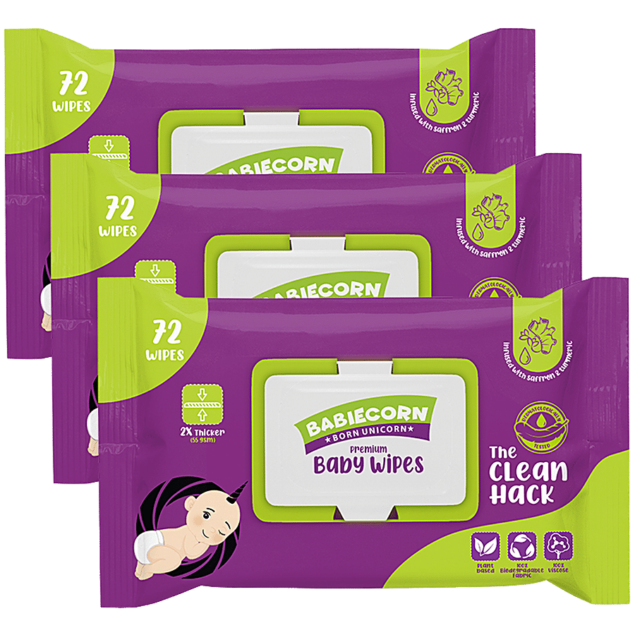 BABIECORN Premium 72 Biodegradable Baby Wipes (Combo of 3) 2X Thicker with Saffron & Turmeric 100% Viscose