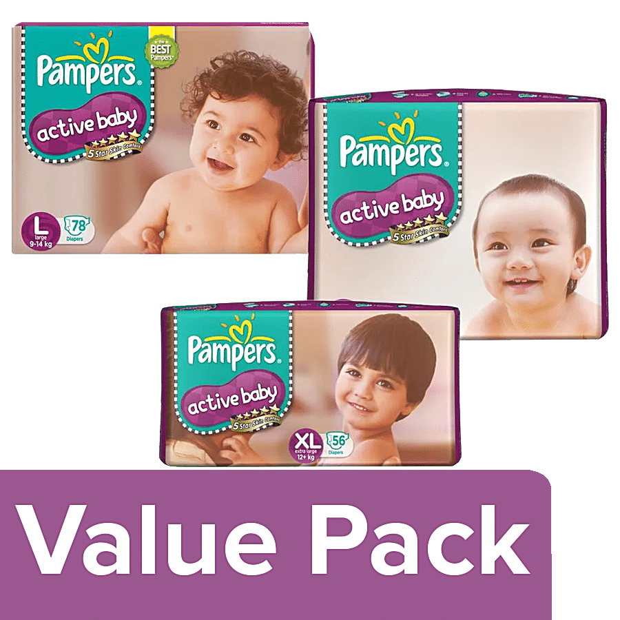 Pampers  Active Baby Tape Style Diapers - L 78 pcs + M 90 pcs + XL 56 pcs