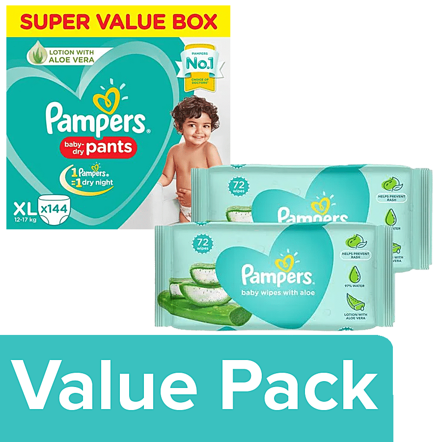 Pampers  Diaper Pants XL 136 pcs + Baby Gentle Wet Wipes 72 pcs (Pack Of 2)