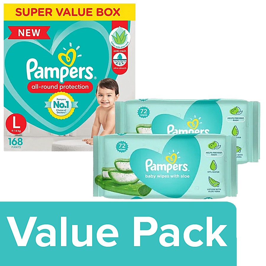 Pampers  Large Diaper Pants 168 pcs + Baby Wet Wipes 72 pcs (Pack Of 2)