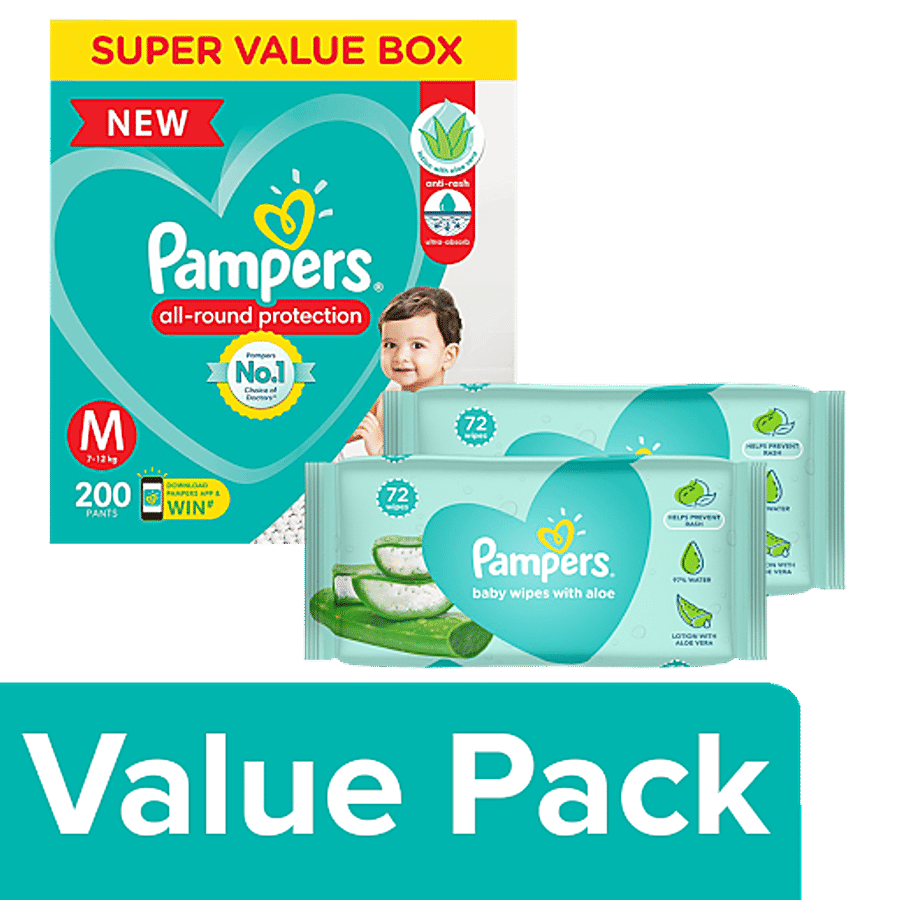 Pampers  Medium Diaper Pants 200 pcs + Baby Gentle Wet Wipes 72 pcs (Pack Of 2)