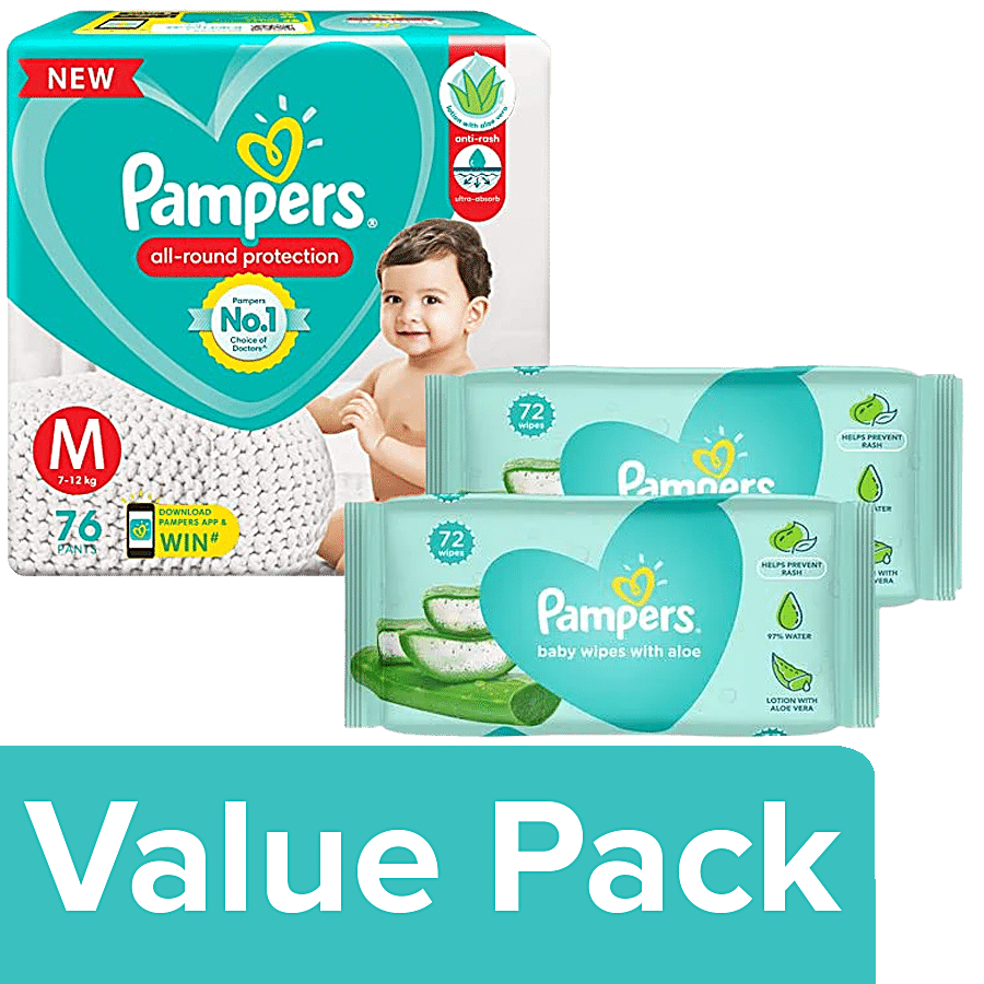 Pampers  Medium Diaper Pants 76 pcs + Baby Gentle Wet Wipes 72 pcs (Pack Of 2)