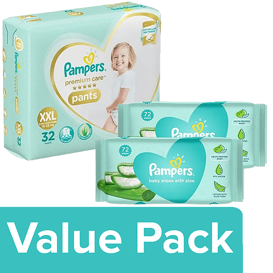 Pampers  Premium Care Diaper Pants - XXL 30 pcs + Baby Wet Wipes 72 pcs (Pack Of 2)