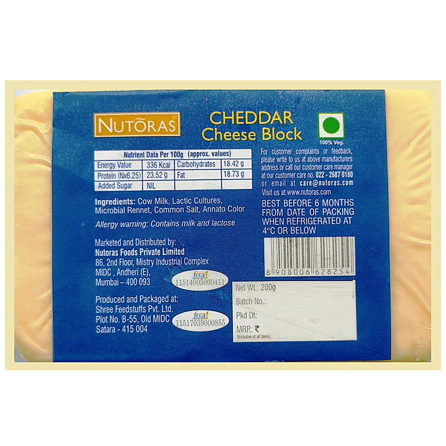 NUTORAS Cheddar Cheese Block - Made from Cow's Milk