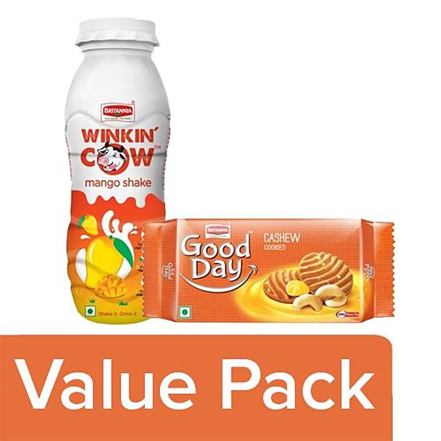 Britannia Winkin Cow Milkshake - Mango 200ml + Good Day Cookies - Rich Cashew 200gm