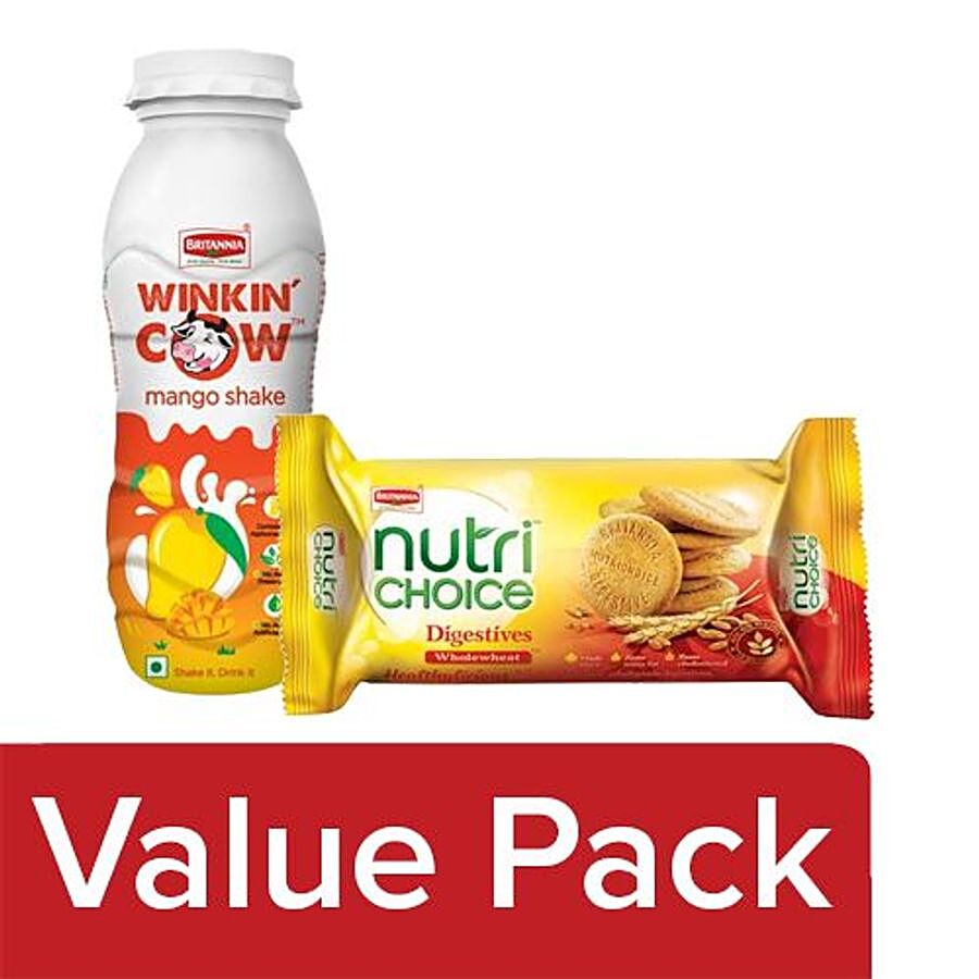 Britannia Winkin Cow Milkshake Mango 200ml + Nutri Choice Hi Fibre Digestive Biscuits 100G