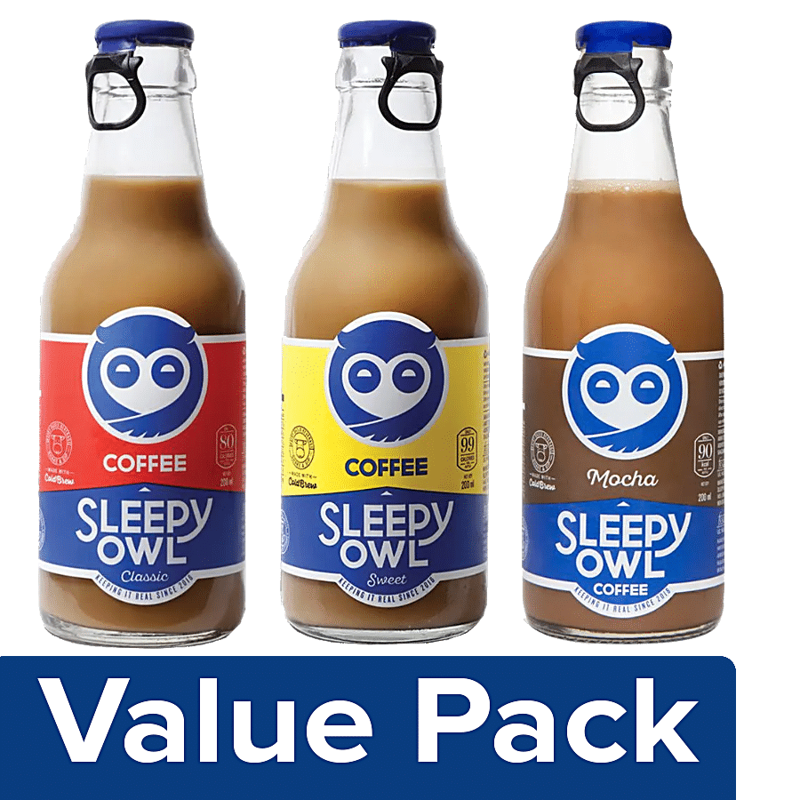 Sleepy Owl Cold Brew Coffee - Classic + Sweet + Cold Coffee - Mocha (200 ml each) Bottle