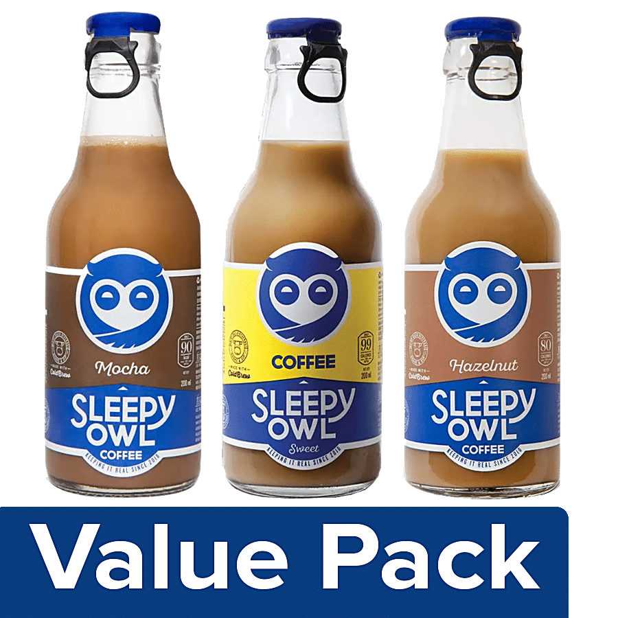 Sleepy Owl Cold Coffee -Mocha +Cold Brew Coffee-Sweet +Hazelnut Coffee (200 ml each) Bottle