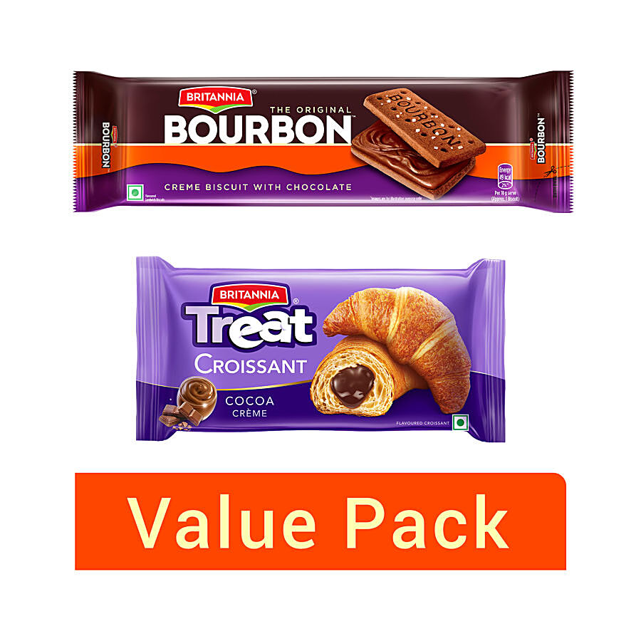 Britannia Bourbon Chocolate Cream Biscuits 150 g + Treat Croissant - Cocoa Creme 45 g