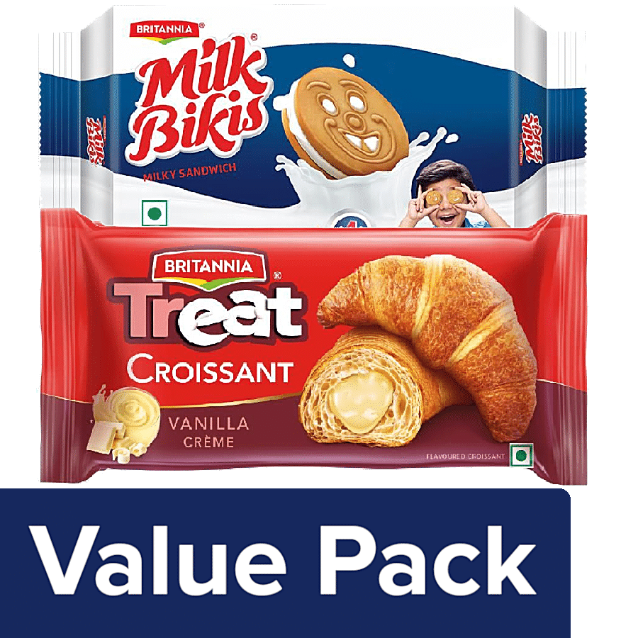 Britannia Milk Bikis Milk Cream Biscuits 200 g + Treat Croissant - Vanilla Creme 45 g