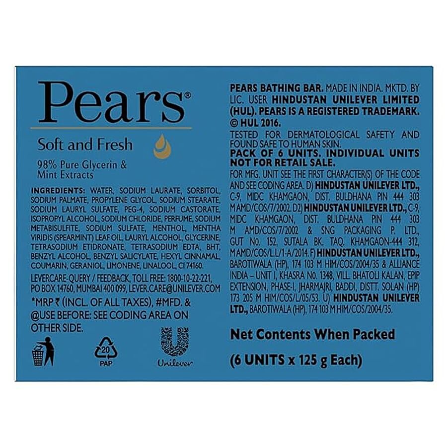 Pears Soft & Fresh Bathing Bar With 98% Pure Glycerine & Mint Extracts - For Fresh Glow