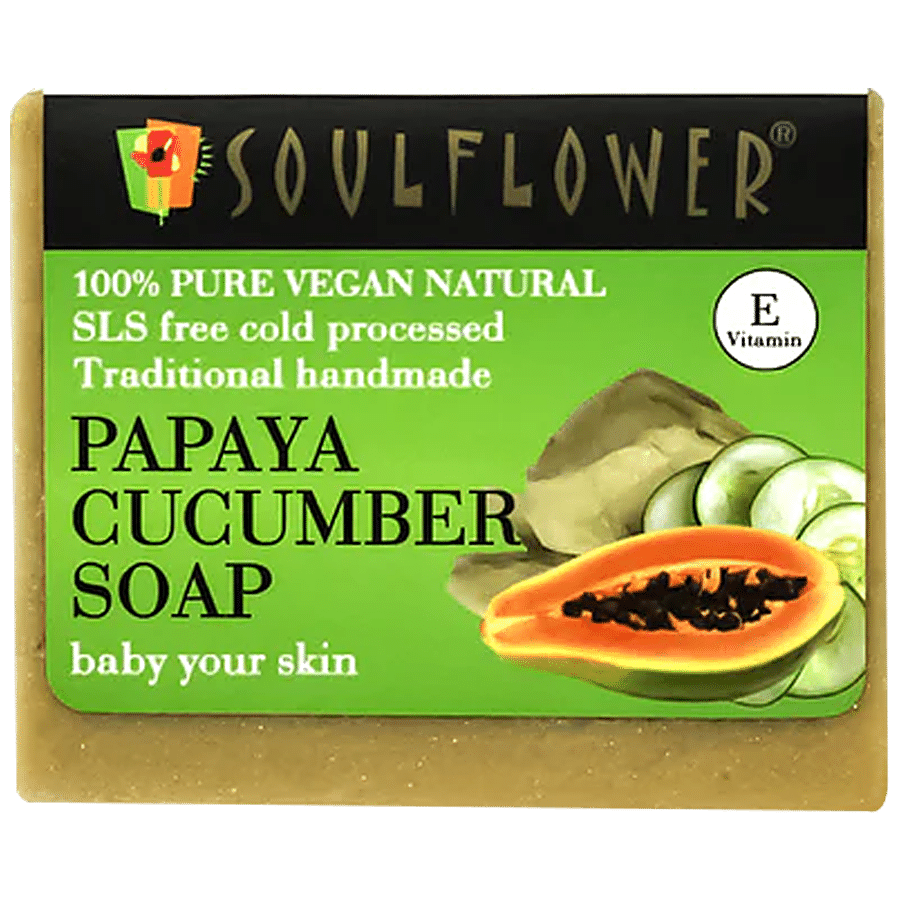 Soulflower Papaya & Cucumber Handmade Bathing Bar Soap For Men Women - Helps Skin Brightening