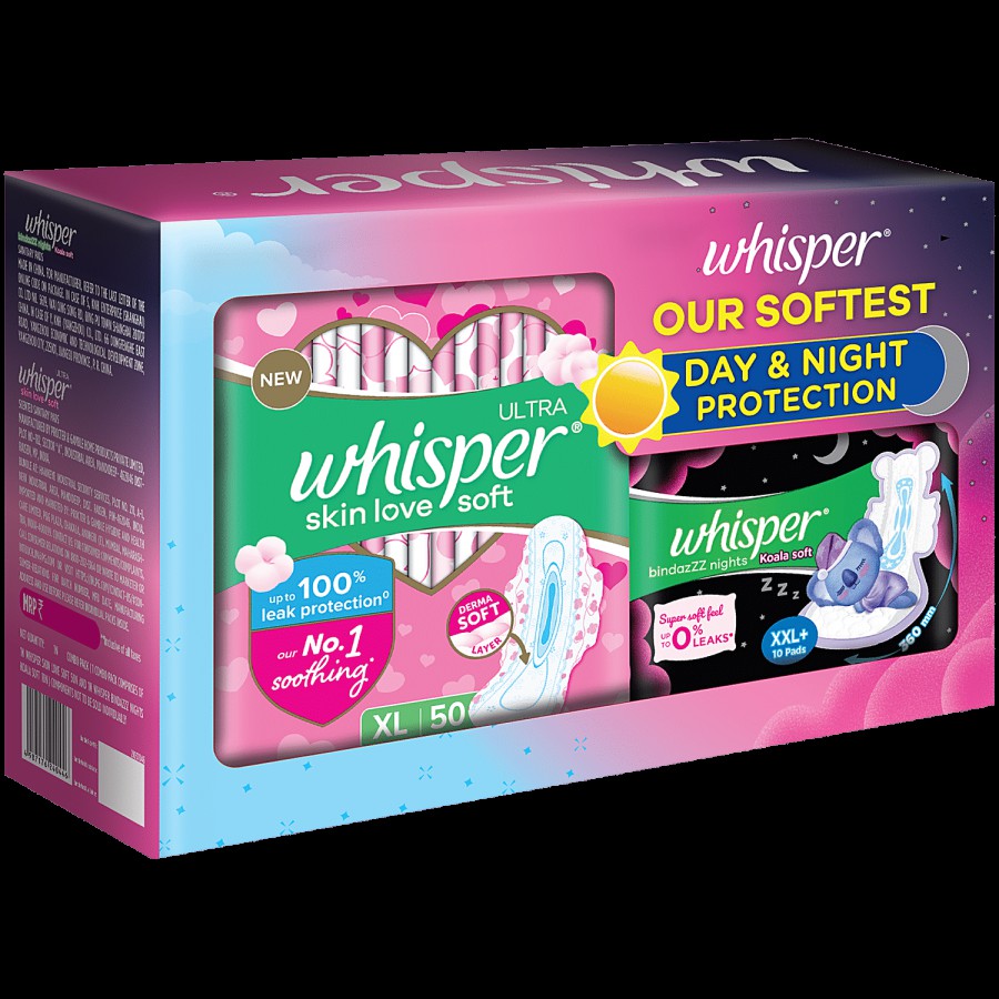 Whisper Soft Day & Night Sanitary Pads For Women With 100% Leak Protection