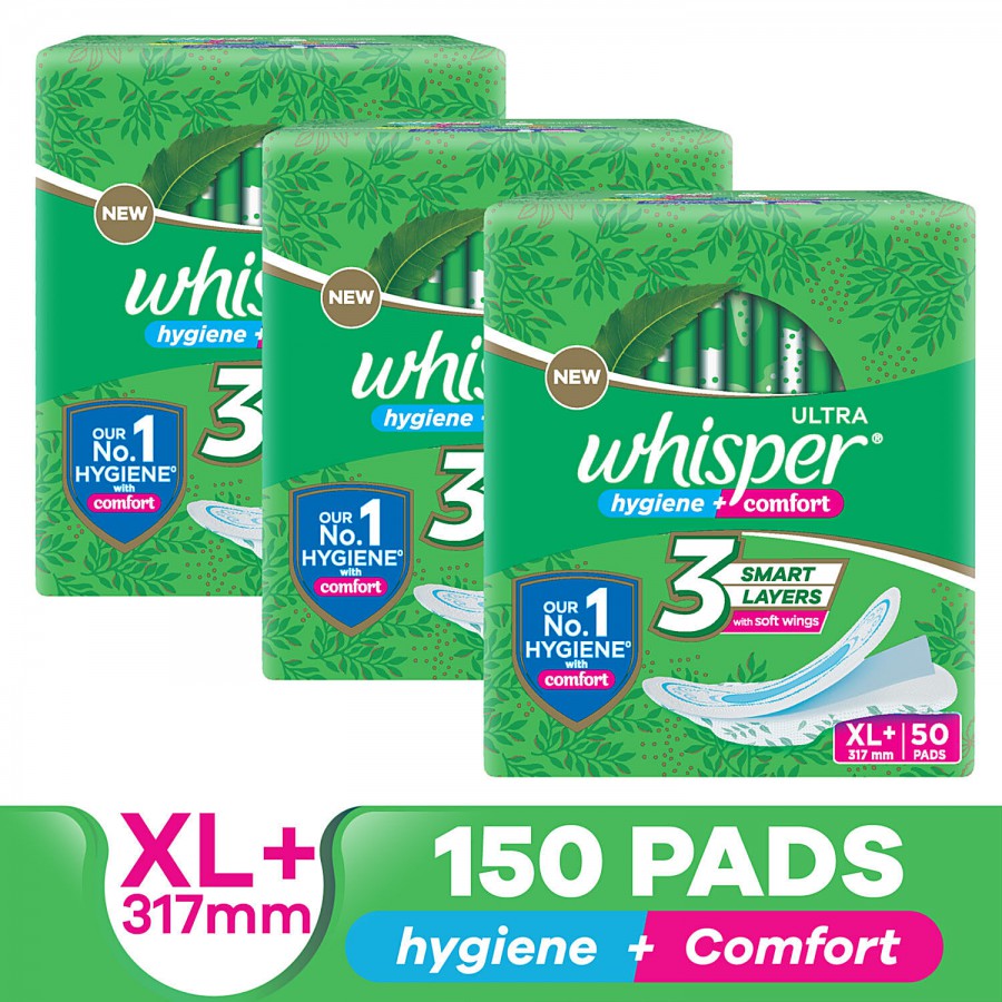 Whisper Ultra Clean Sanitary Pads - XL+ Napkins With Dual Action Gel For Absorption & Delightful Scent