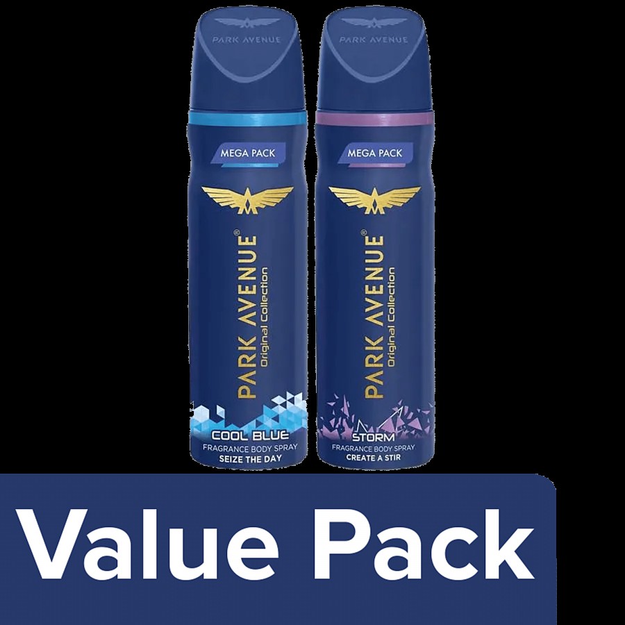 Park Avenue Body Spray - Fragrance Cool Blue 250 ml + Perfume Storm 220 ml (Mega Pack)