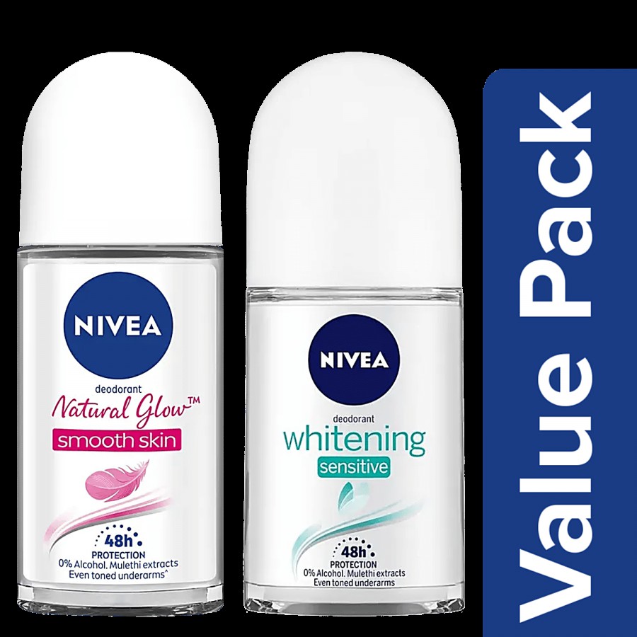 NIVEA Roll On Deodorant- Whitening Sensitive + Whitening Smooth Skin Women (50ml each)