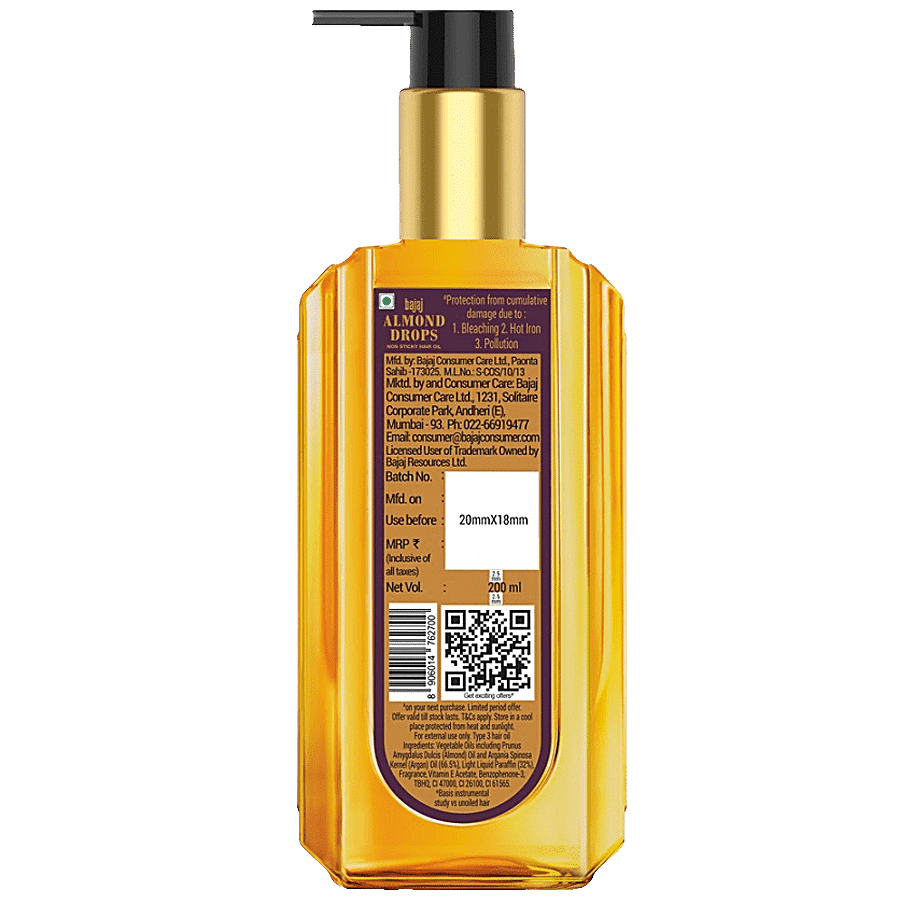 Bajaj Almond Drops Non-Sticky Hair Oil - Infused With Almond & Argan Oil