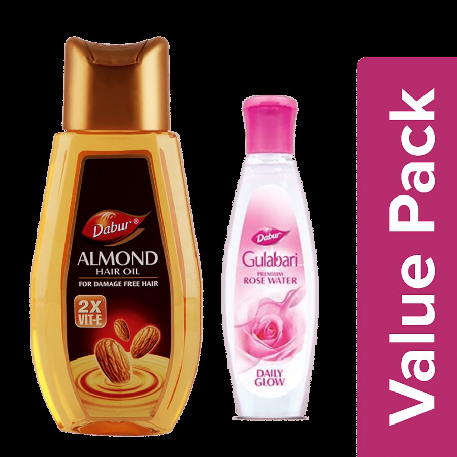 Dabur Almond Hair Oil 500ml+Gulabari Premium Rose Water-Paraben Free Skin Toner 250ml