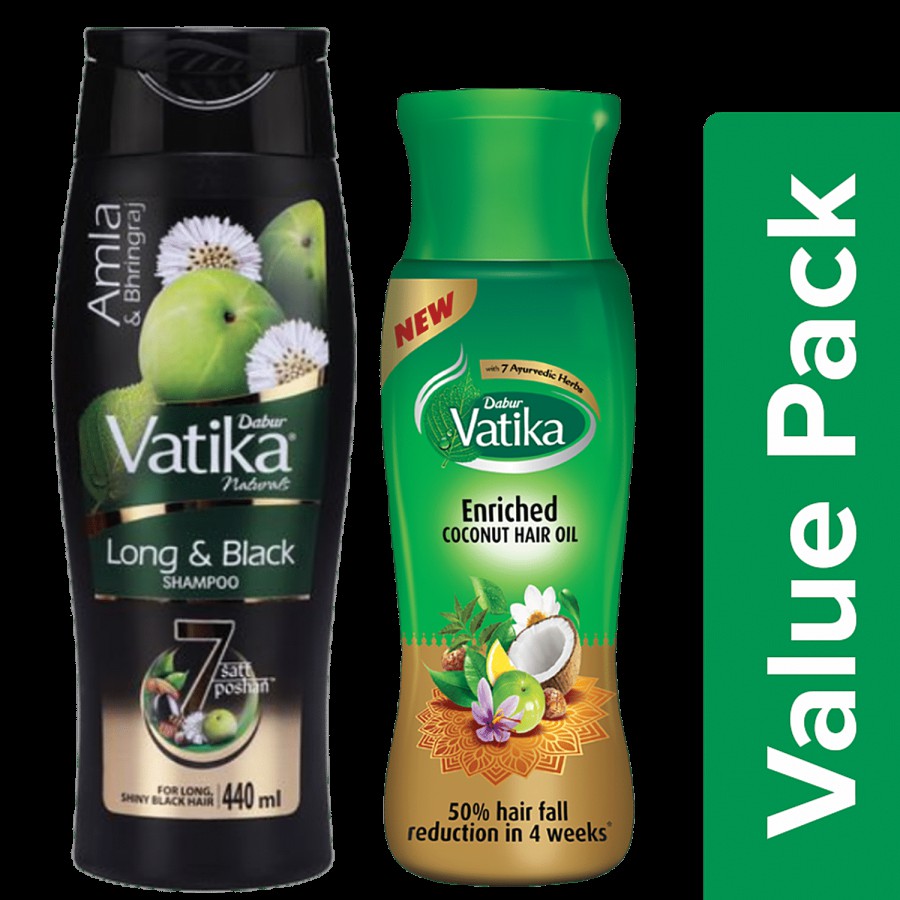 Dabur Vatika - Enriched Coconut Hair Oil 300 ml + Vatika Long & Black Shampoo 440 ml