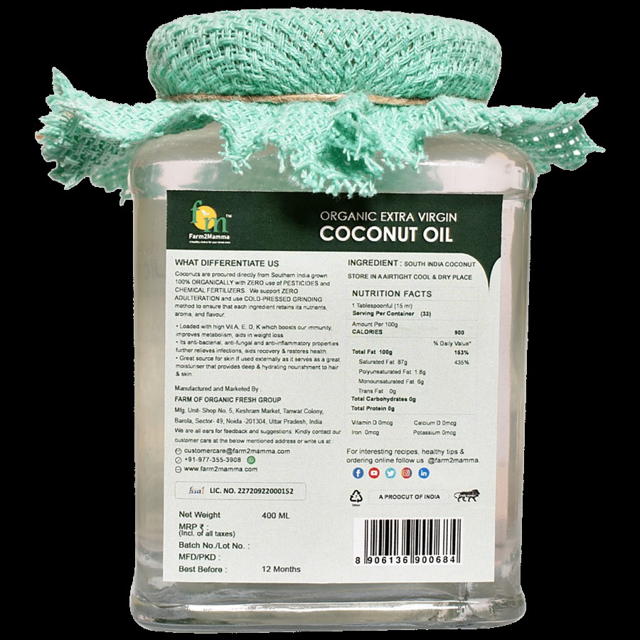 Farm2Mamma Organic Extra Virgin Coconut Oil - Cold Pressed