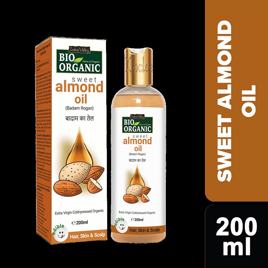 Indus Valley Bio Organic Roghan Badam Sweet Almond Oil 100% Organic & Cold-Pressed For Hair & Skin - No Mineral Oil & Sulphate