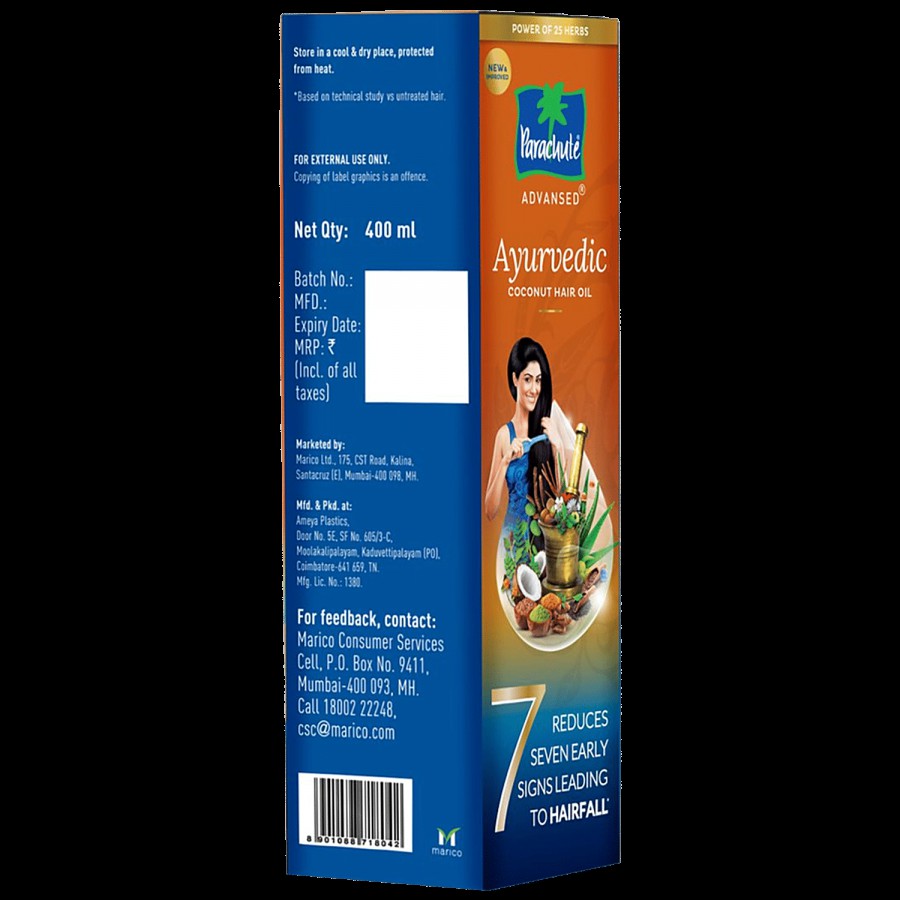 Parachute Advansed Ayurvedic Coconut Hair Oil - Reduces Dandruff & Split Ends