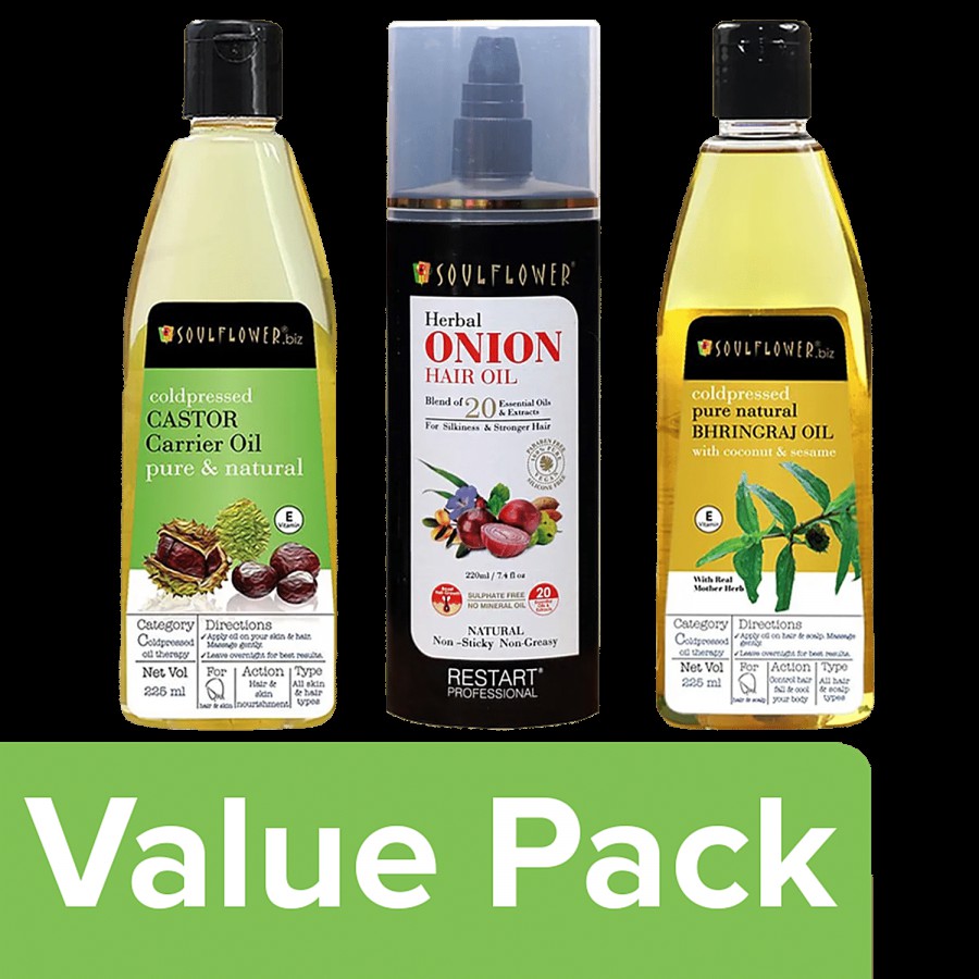 Soulflower Onion Hair Oil 220 ml + Castor Oil 225 ml + Bhringraj Cooling Oil 225 ml