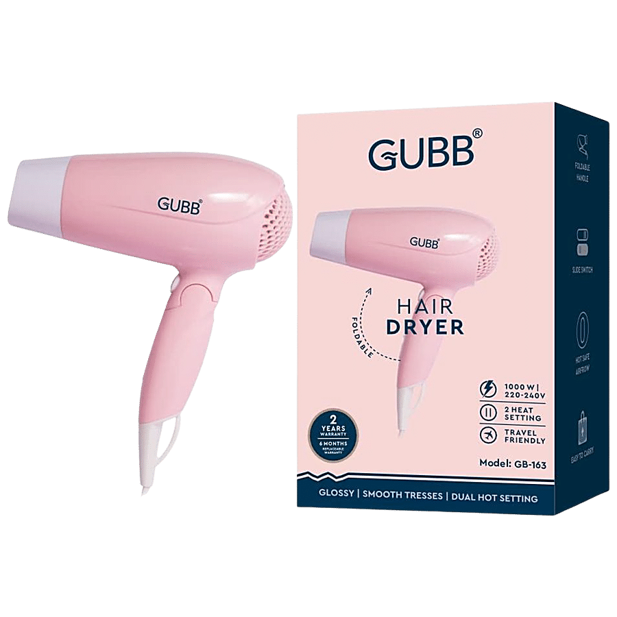 Gubb Foldable 1600 Watts Hair Dryer - With Hot & Cool Settings & Detachable Nozzle