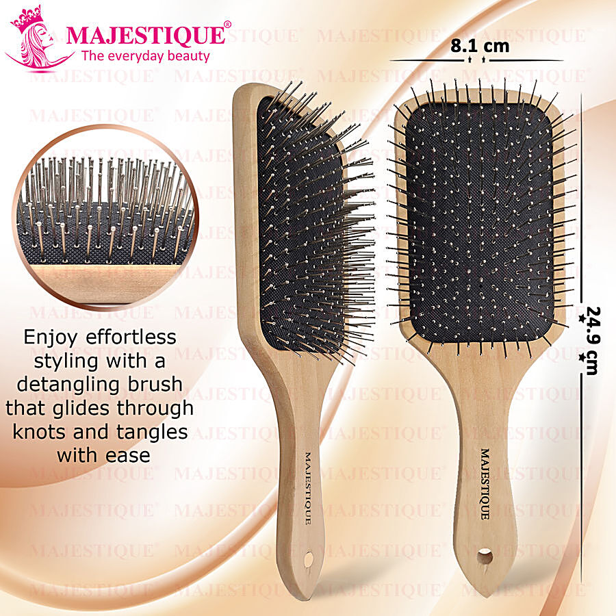 MAJESTIQUE Premium Wooden Detangling Brush - Metal Bristles Pin