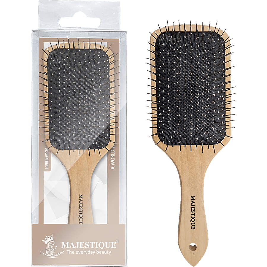 MAJESTIQUE Premium Wooden Detangling Brush - Metal Bristles Pin