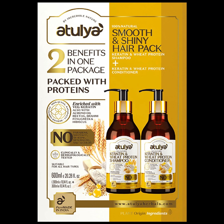 Atulya Smooth & Shiny Hair Pack - Keratin & Wheat Protein Shampoo + Conditioner