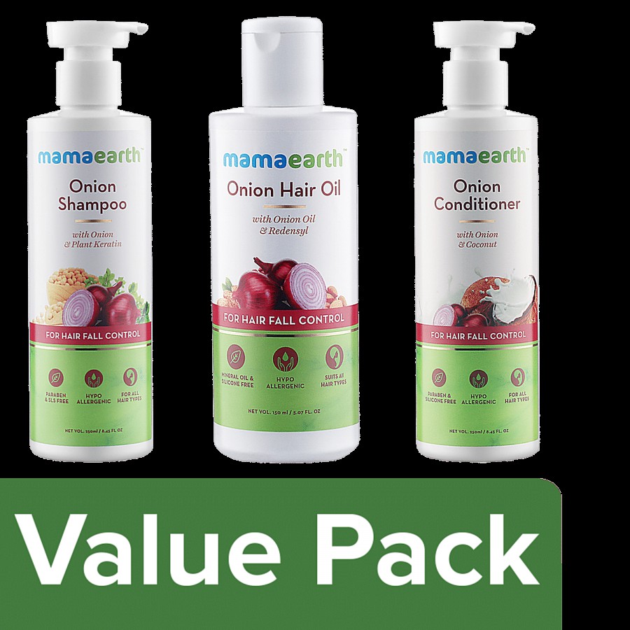 Mamaearth Onion Shampoo 250 ml + Onion Conditioner 250 ml + Onion Hair Oil 150 ml