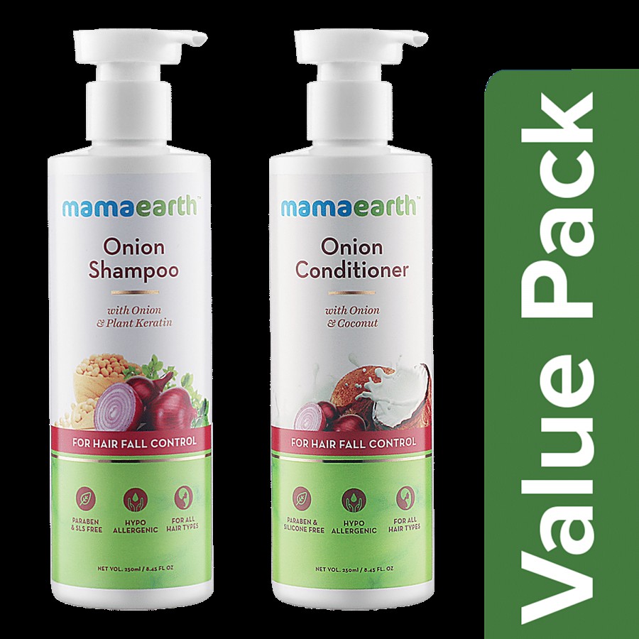 Mamaearth Onion Shampoo With Plant Keratin + Onion Conditioner With Coconut 250 ml Each