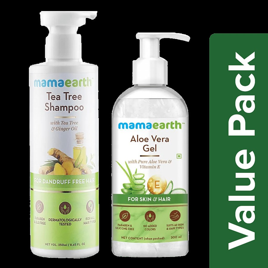 Mamaearth Tea Tree Anti Dandruff Shampoo 250ml+Aloe Vera Gel&Vitamin E For Skin&Hair 300ml