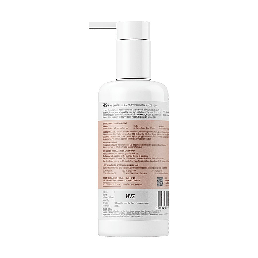 Sesa Rice Water Shampoo With Biotin & Aloe Vera For Soft & Shiny Hair - No Sulphates