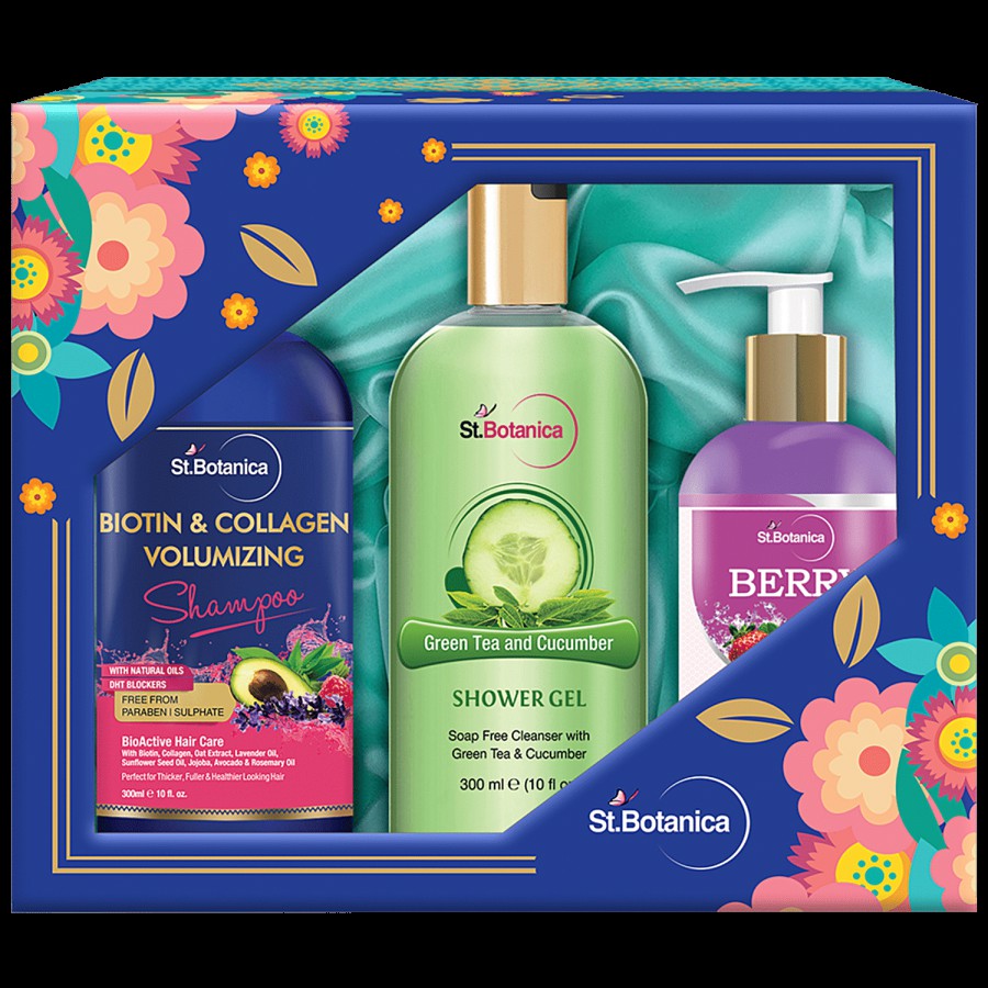 StBotanica Body Kit: Biotin & Collagen Shampoo + Green Tea & Cucumber Shower Gel + Berry Cleanser