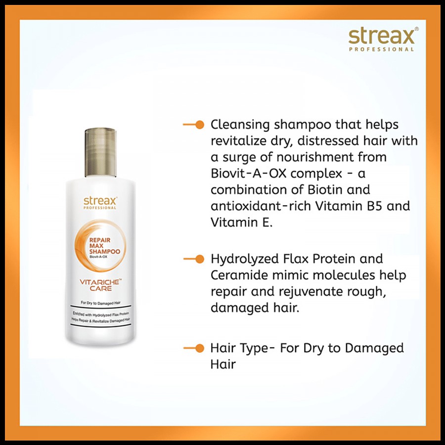 Streax Professional Vitariche Care Repair Max Shampoo - With Hydrolyzed Flax Protein