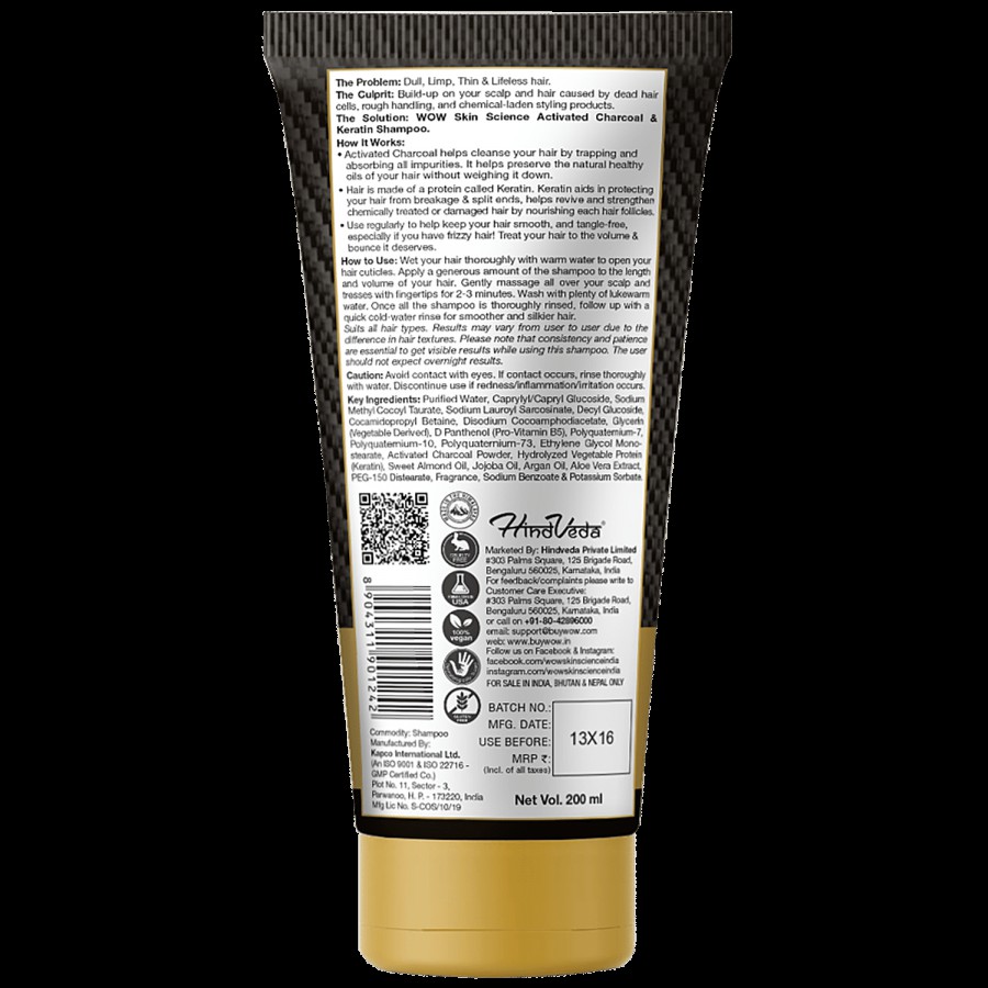 Wow Skin Science Hair Shampoo - Activated Charcoal & Keratin