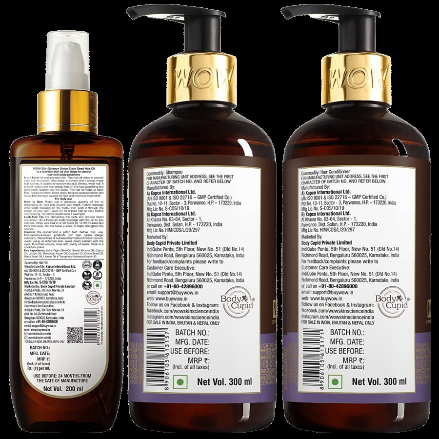 Wow Skin Science Onion Black Seed Ultimate Hair Care Kit - Shampoo + Conditioner + Hair Oil