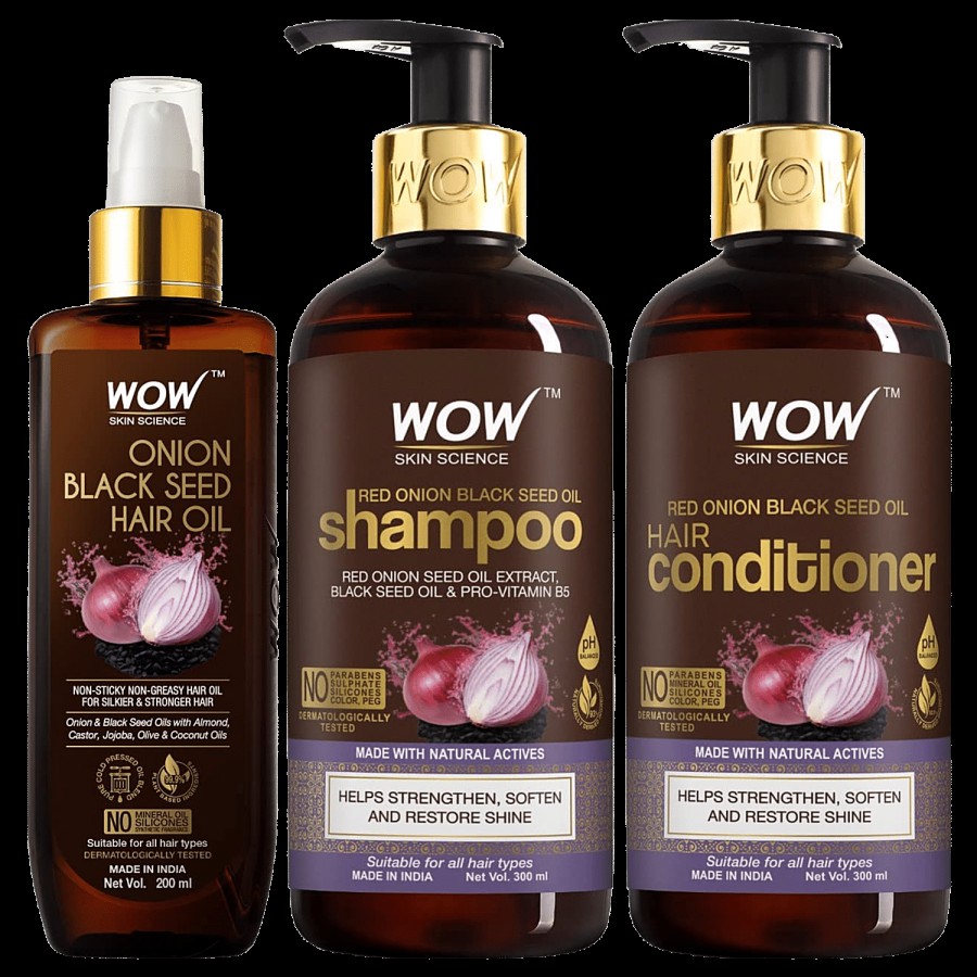 Wow Skin Science Onion Black Seed Ultimate Hair Care Kit - Shampoo + Conditioner + Hair Oil