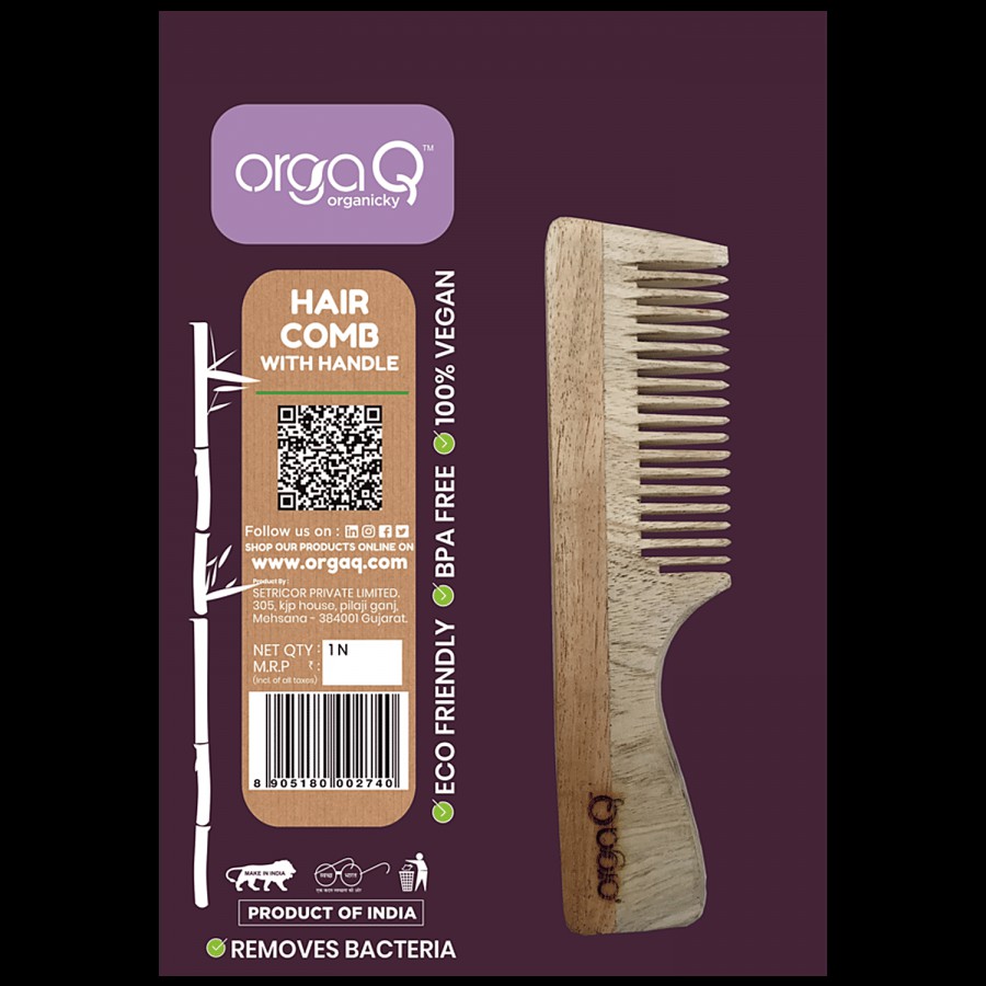 OrgaQ Organicky Neem Wood Hair Comb - With Handle