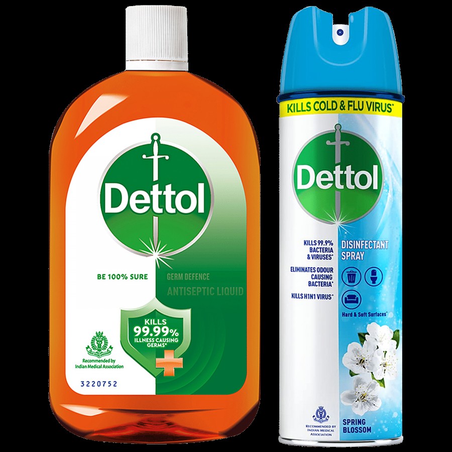 Dettol Antiseptic Liquid 1 L + Disinfectant Spray- Spring Blossom 225 ml