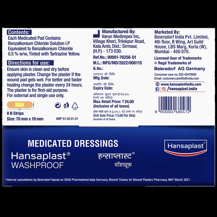 Hansaplast Washproof Strips - Medicated Dressing